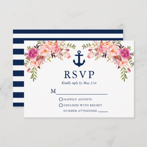 Watercolor Pink Floral Anchor Blue Stripes RSVP Card