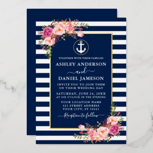 Watercolor Pink Floral Anchor Stripes Blue Gold Foil Invitation