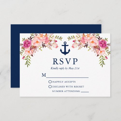 Watercolor Pink Floral Anchor Wedding Blue RSVP Card
