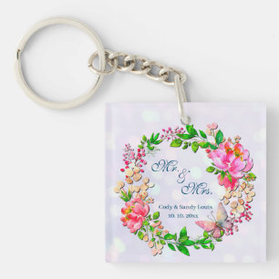 Watercolor Pink Floral and Butterfly Spring Throw Keychain