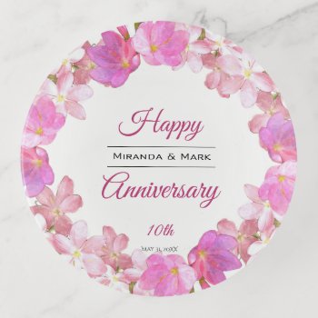 Watercolor Pink Floral Anniversary Wreath Trinket Tray by LifeInColorStudio at Zazzle