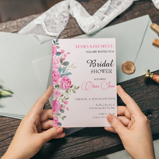 Watercolor Pink Floral Arch Bridal Shower  Invitation (petals and prosecco Pink floral Bridal shower card )