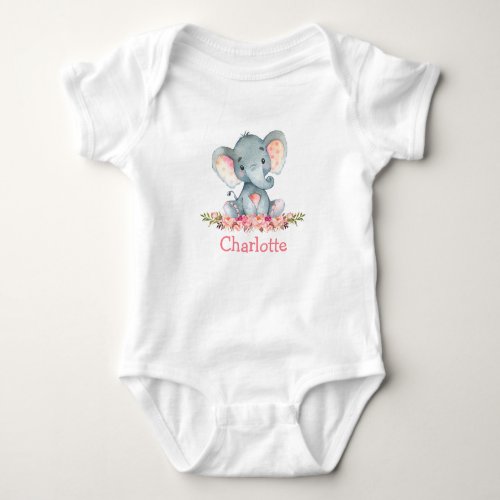 Watercolor Pink Floral Baby Elephant Baby Bodysuit