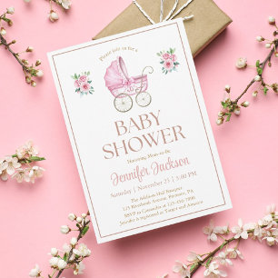 Watercolor Pink Floral Baby Girl Carriage Shower Invitation