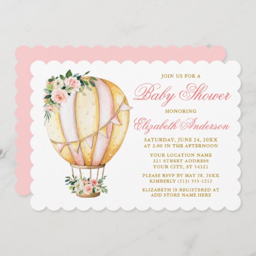 Watercolor Pink Floral Baby Shower Air Balloon Invitation