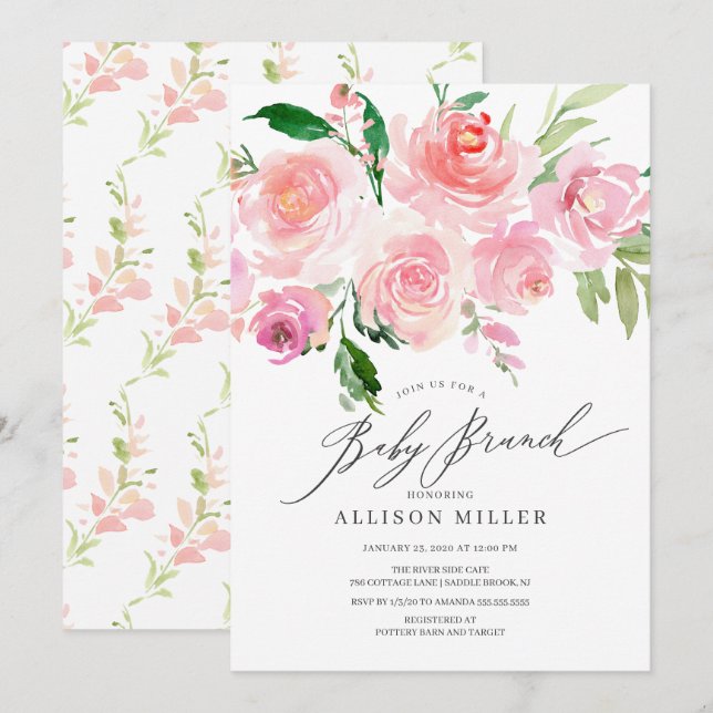 Watercolor Pink Floral Baby Shower Brunch Invitation (Front/Back)