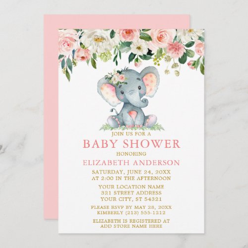 Watercolor Pink Floral Baby Shower Elephant Gold Invitation