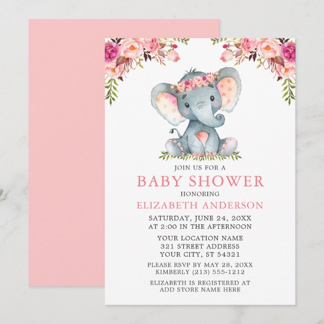 Watercolor Pink Floral Baby Shower Elephant Invitation (Front/Back)