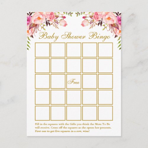 Watercolor Pink Floral Baby Shower Gold Bingo Card