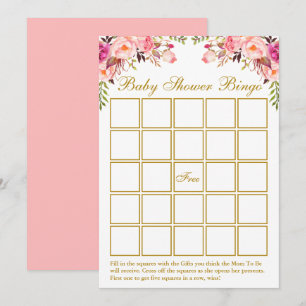 Watercolor Pink Floral Baby Shower Gold Bingo Card