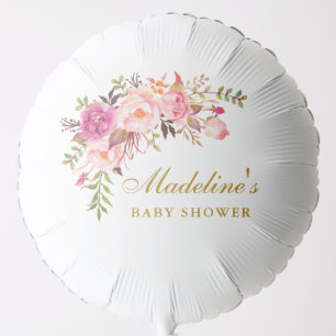 Watercolor Pink Floral Baby Shower Gold Script Balloon
