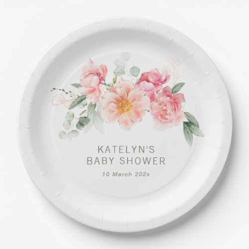 watercolor pink floral baby shower  paper plates