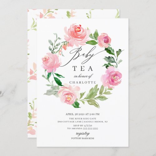 Watercolor Pink Floral Baby Shower Tea Invitation