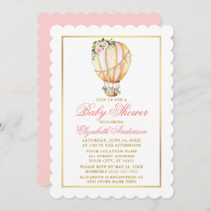 Watercolor Pink Floral Balloon Baby Shower Gold Invitation
