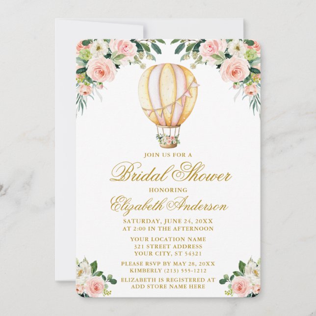 Watercolor Pink Floral Balloon Bridal Shower Gold Invitation (Front)