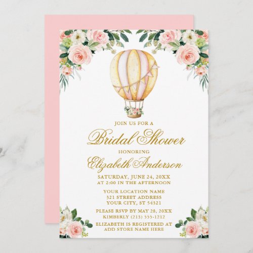 Watercolor Pink Floral Balloon Gold Bridal Shower Invitation