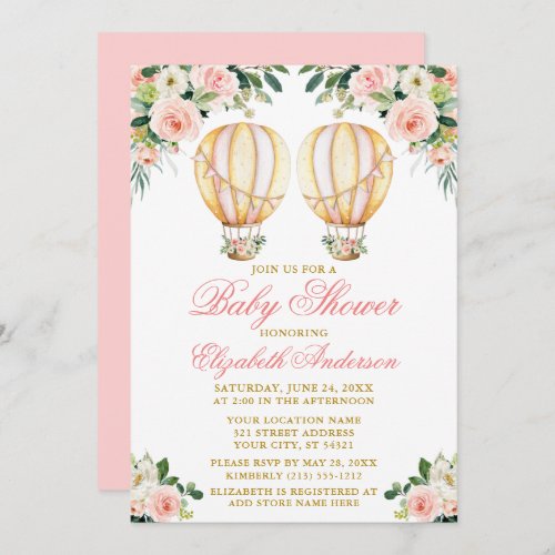 Watercolor Pink Floral Balloons Twins Baby Shower Invitation