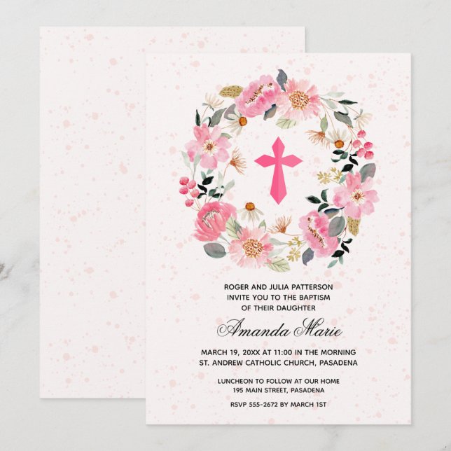 Watercolor Pink Floral Baptism Invitation (Front/Back)