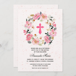 Watercolor Pink Floral Baptism Invitation
