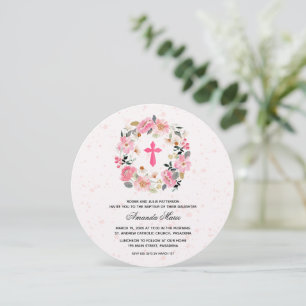 Watercolor Pink Floral Baptism Round Invitation