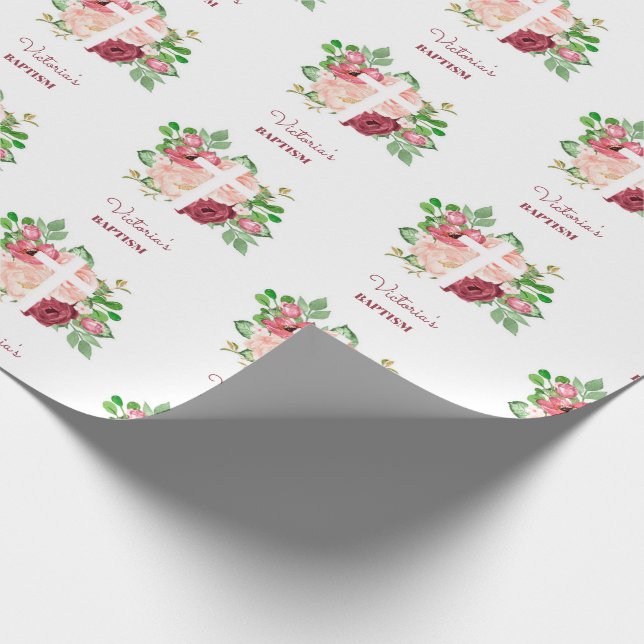 Watercolor Pink Floral Baptism Wrapping Paper (Corner)