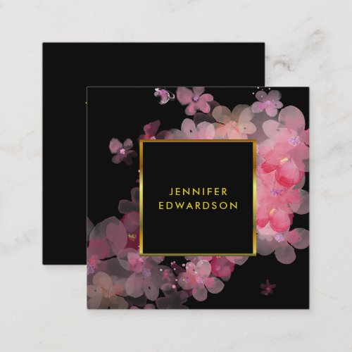 Watercolor pink floral black gold professional square business card