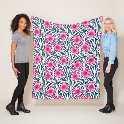 Watercolor Pink Floral Blue Botanical Fleece Blanket