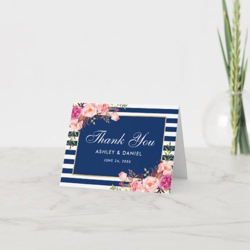 Watercolor Pink Floral Blue Stripes Wedding Note Thank You Card