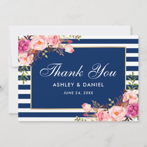 Watercolor Pink Floral Blue Stripes Wedding Thank You Card