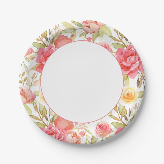 Watercolor Pink Floral Border Paper Plates (Front)