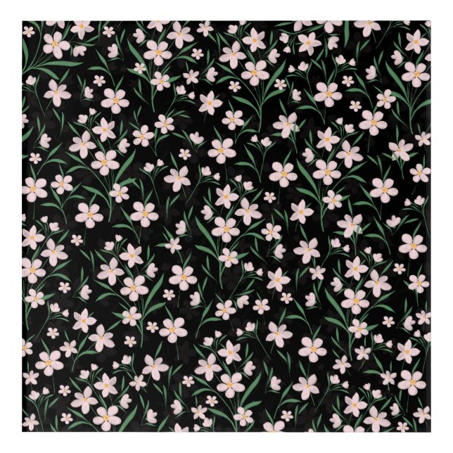Watercolor Pink Floral Botanical Black Pattern Acrylic Print (Front)