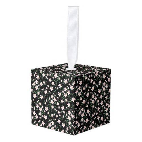 Watercolor Pink Floral Botanical Black Pattern Cube Ornament