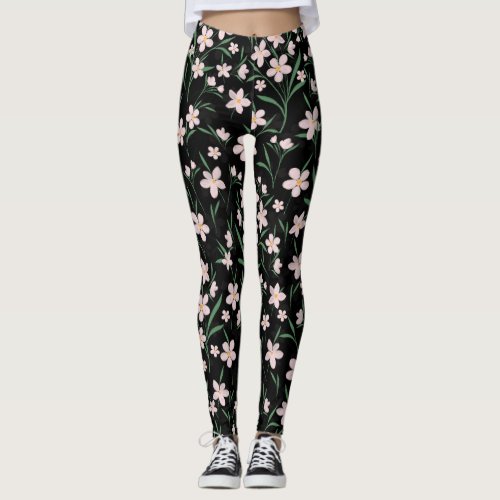 Watercolor Pink Floral Botanical Black Pattern Leggings