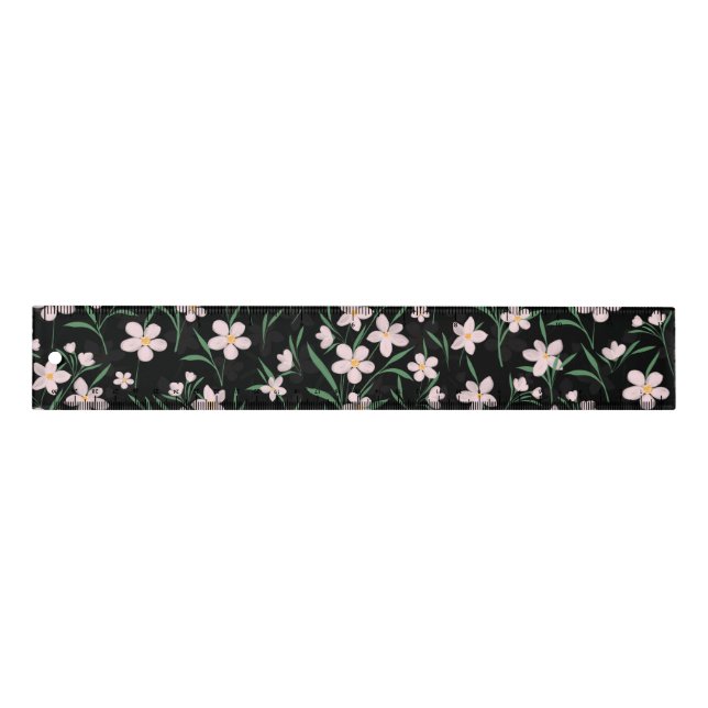 Watercolor Pink Floral Botanical Black Pattern Ruler (Front)