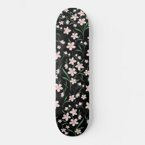 Watercolor Pink Floral Botanical Black Pattern Skateboard