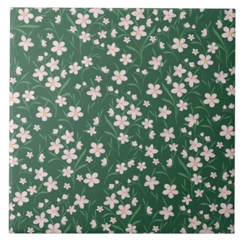 Watercolor Pink Floral Botanical Dark Green design Ceramic Tile