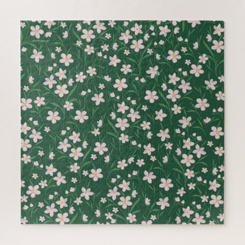 Watercolor Pink Floral Botanical Dark Green design Jigsaw Puzzle