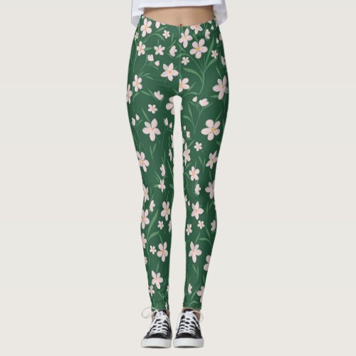 Watercolor Pink Floral Botanical Dark Green design Leggings