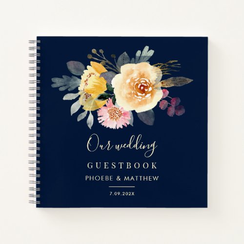 Watercolor Pink Floral Botanical Wedding Guestbook Notebook