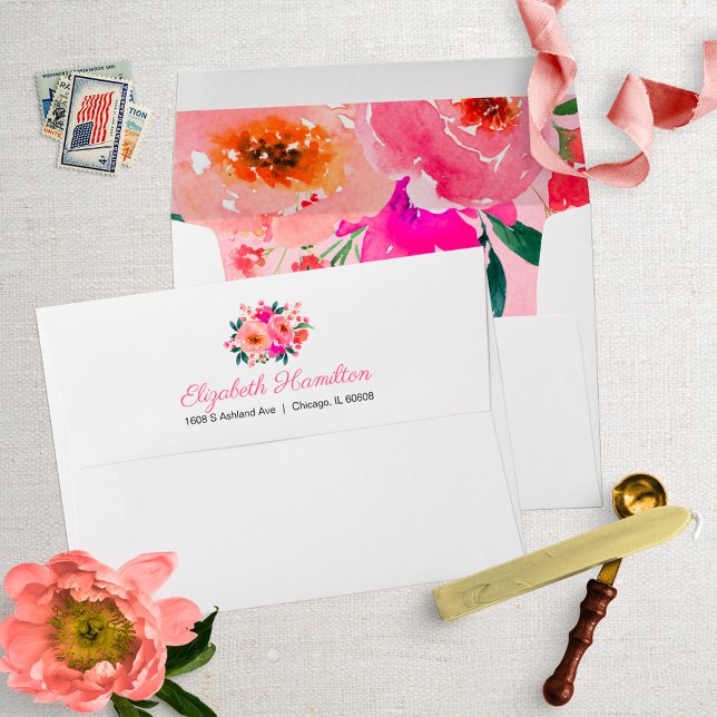 Watercolor Pink Floral Bouquet Elegant Envelope (Creator Uploaded)