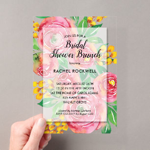 Watercolor Pink Floral Bridal Shower Acrylic Invitations