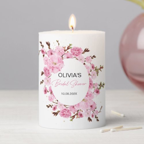 Watercolor Pink Floral Bridal Shower Favor  Pillar Candle