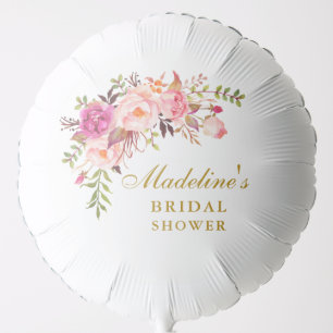 Watercolor Pink Floral Bridal Shower Gold Script Balloon