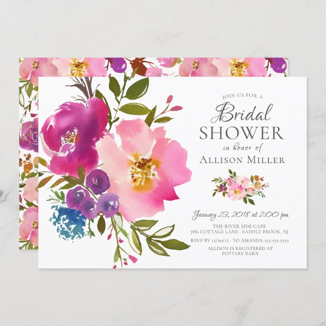 Watercolor Pink Floral Bridal Shower Invitations (Front/Back)