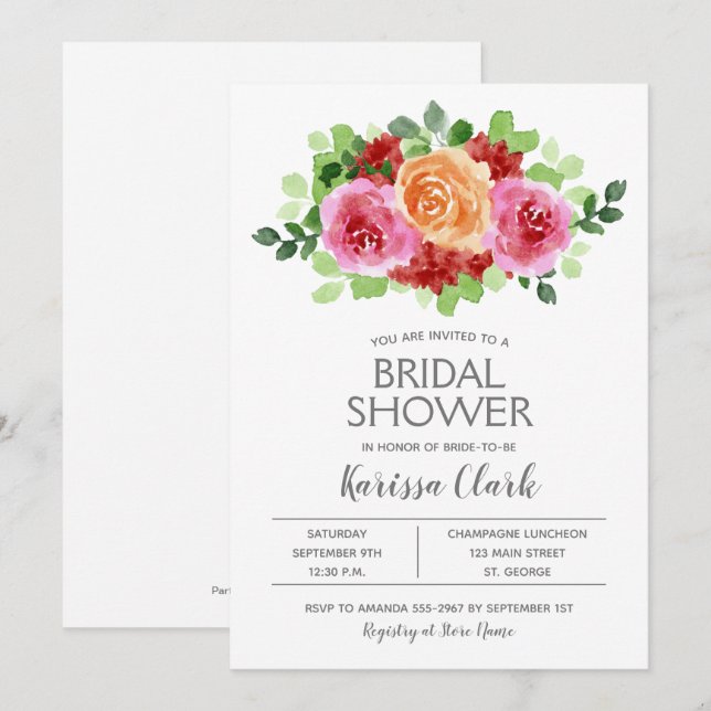 Watercolor Pink Floral Bridal Shower Invitations (Front/Back)