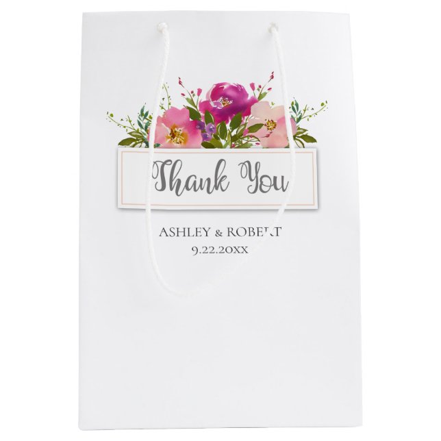 Watercolor Pink  Floral Bridal Shower Medium Gift Bag (Front)