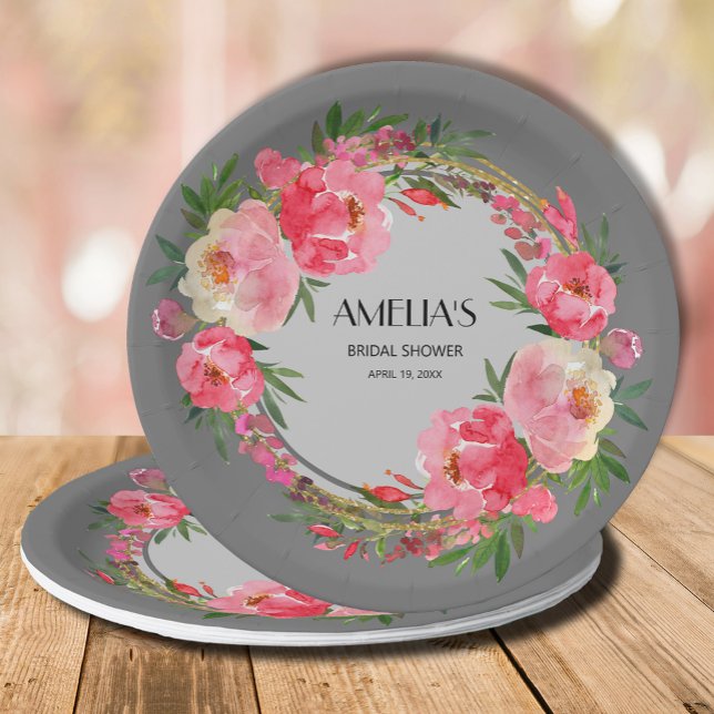 Watercolor Pink Floral Bridal Shower Paper Plate (Watercolor pink and cream peony flowers on gray bridal shower paper plates)
