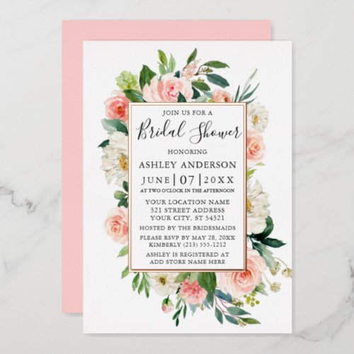 Watercolor Pink Floral Bridal Shower Rose Gold Foil Invitation