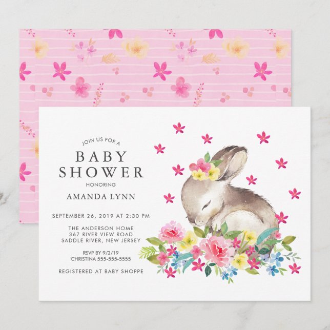 Watercolor Pink Floral Bunny Baby Girl Shower Invitation (Front/Back)