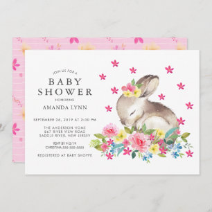 Watercolor Pink Floral Bunny Baby Girl Shower Invitation